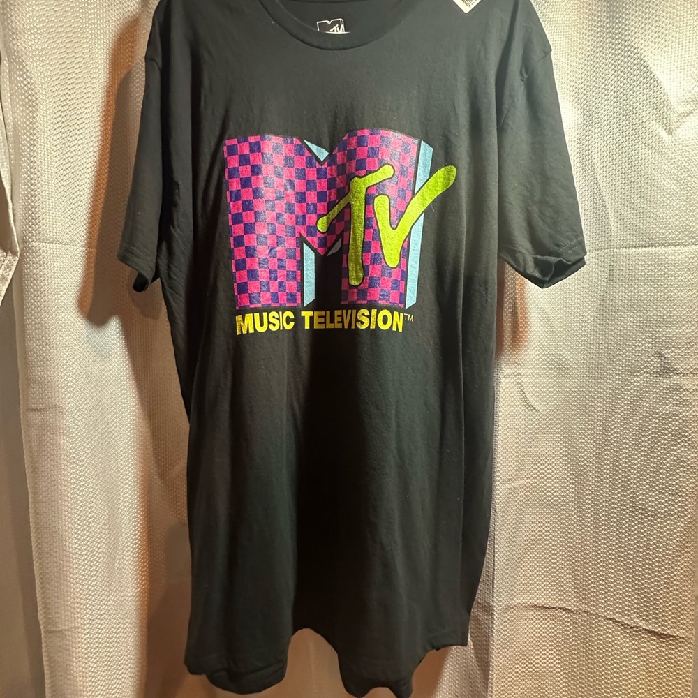 MTV Retro Neon Checkerboard Music Television Tee — XL